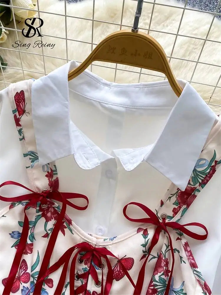 Korean Style Vintage Shirt Sets Women Lapel Puff Sleeves Loose Top+Lace Up Print Camis Fashion Vacation Retro Blouse