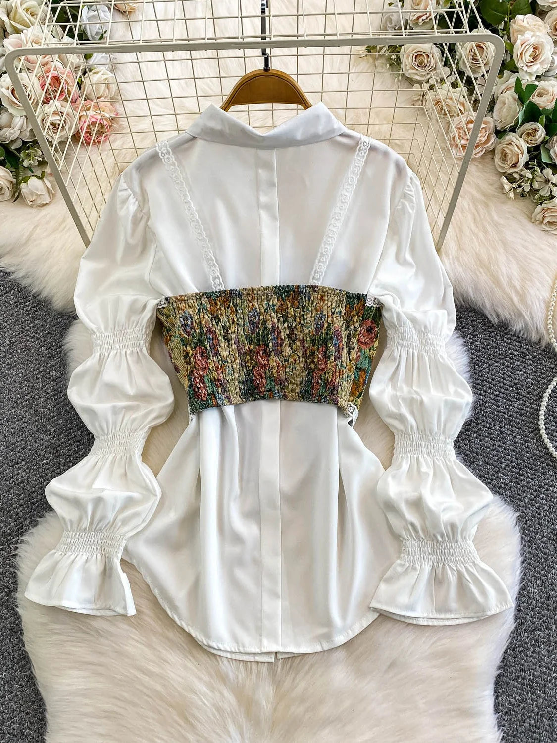 Retro Lace Patchwork Bouffant Sve Slimming Belted Sweet Sle Lantern Sve irt Set Women's Casual Faion Top