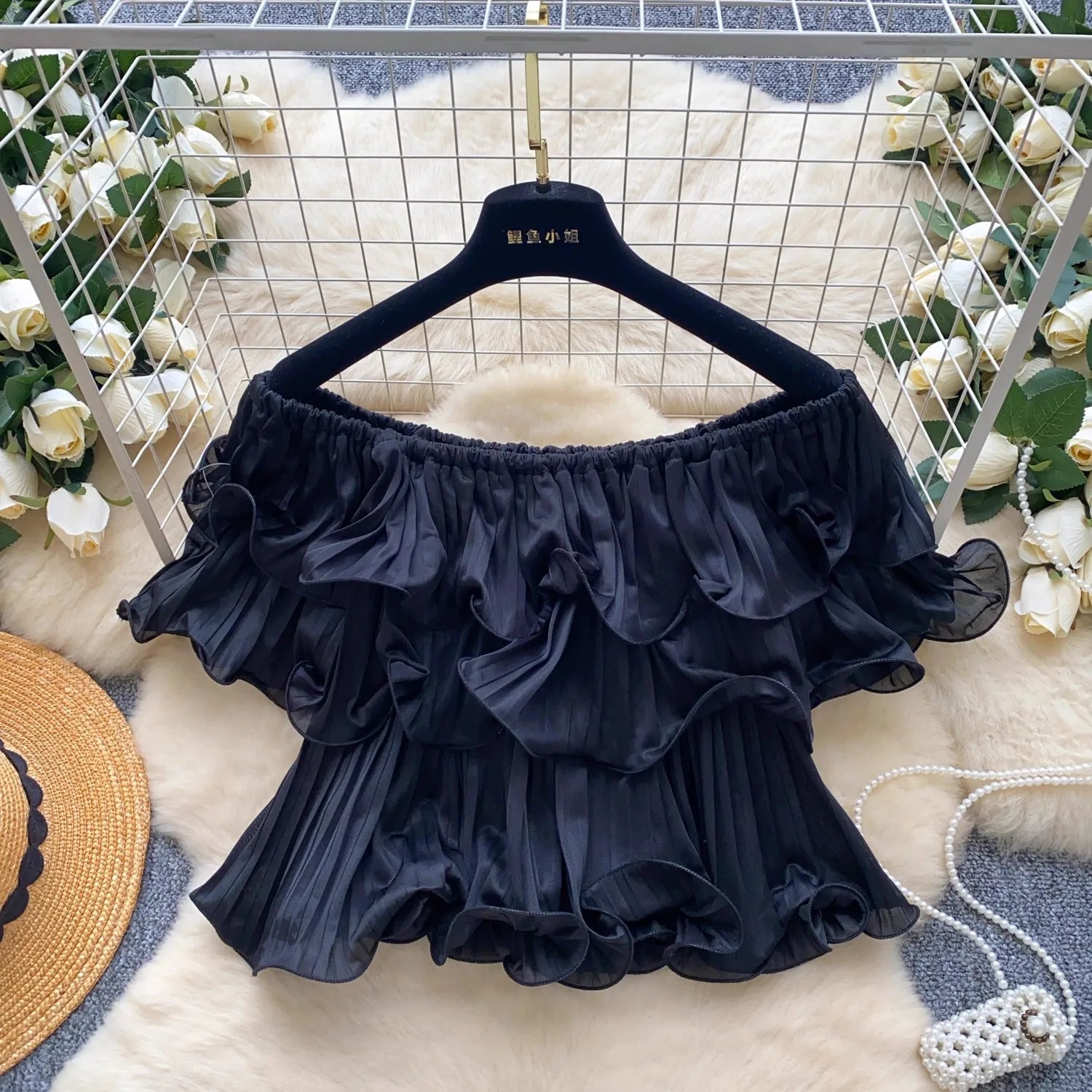 New Summer Sweet Chic Slash Neck Folded Ruffles Chiffon Shirt Women's Sexy Sleeveless Black White Short Blouses Pullover Tops