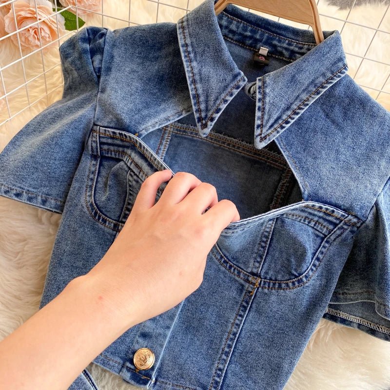 American vintage denim two - piece sets for women feature polo collars, hollow - out tops, and high waistband bandage hot shorts. - MODE SEPHRA