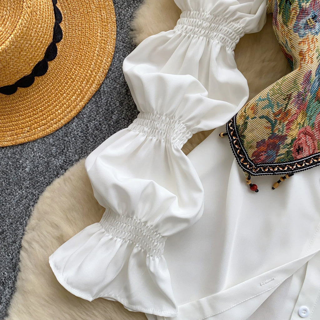 Neploe Lovely Korea Chic Court Women Clothing Minority French Style Puff Sleeve Shirts Tassel Jacquard Short Slim Casual Blusas