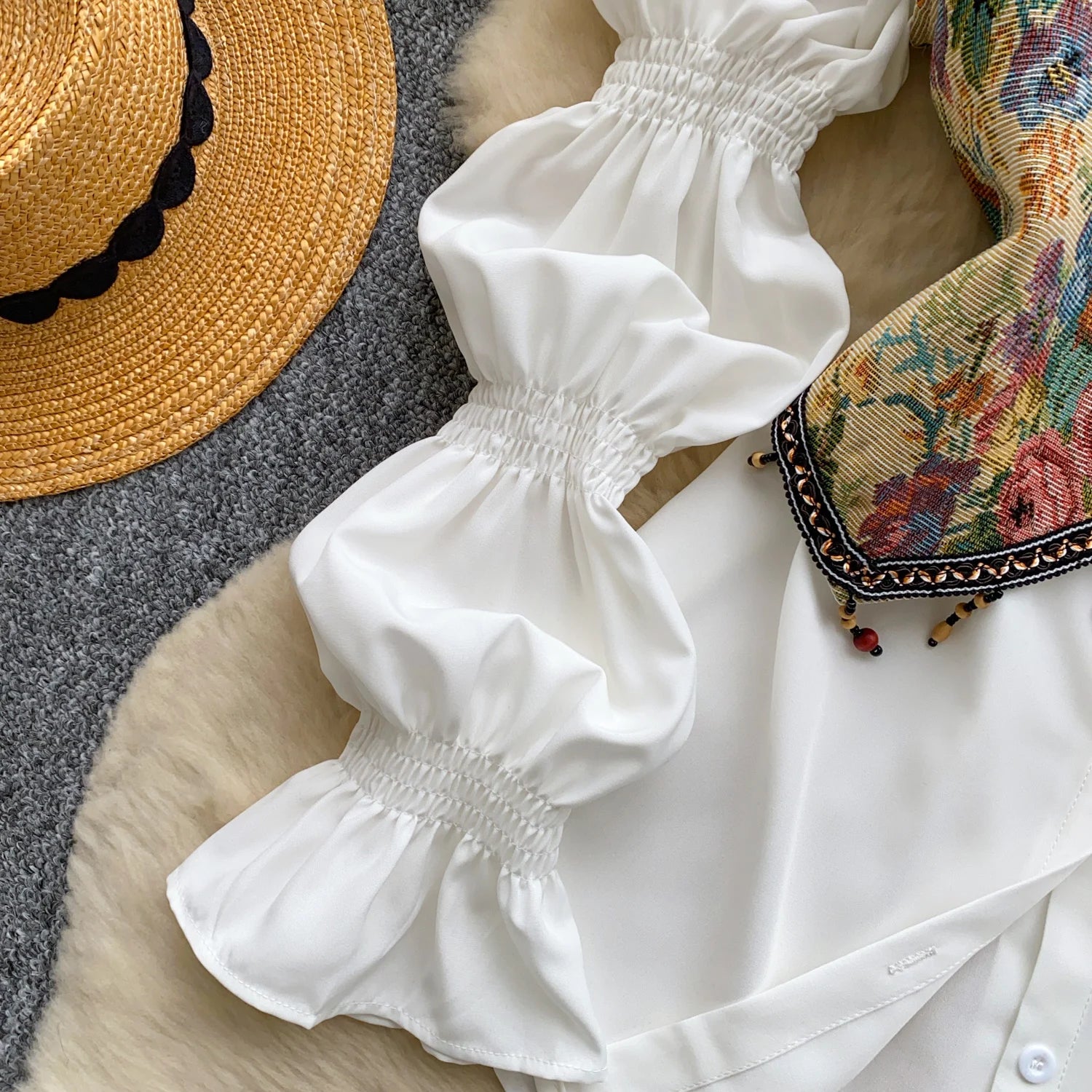 Neploe Lovely Korea Chic Court Women Clothing Minority French Style Puff Sleeve Shirts Tassel Jacquard Short Slim Casual Blusas