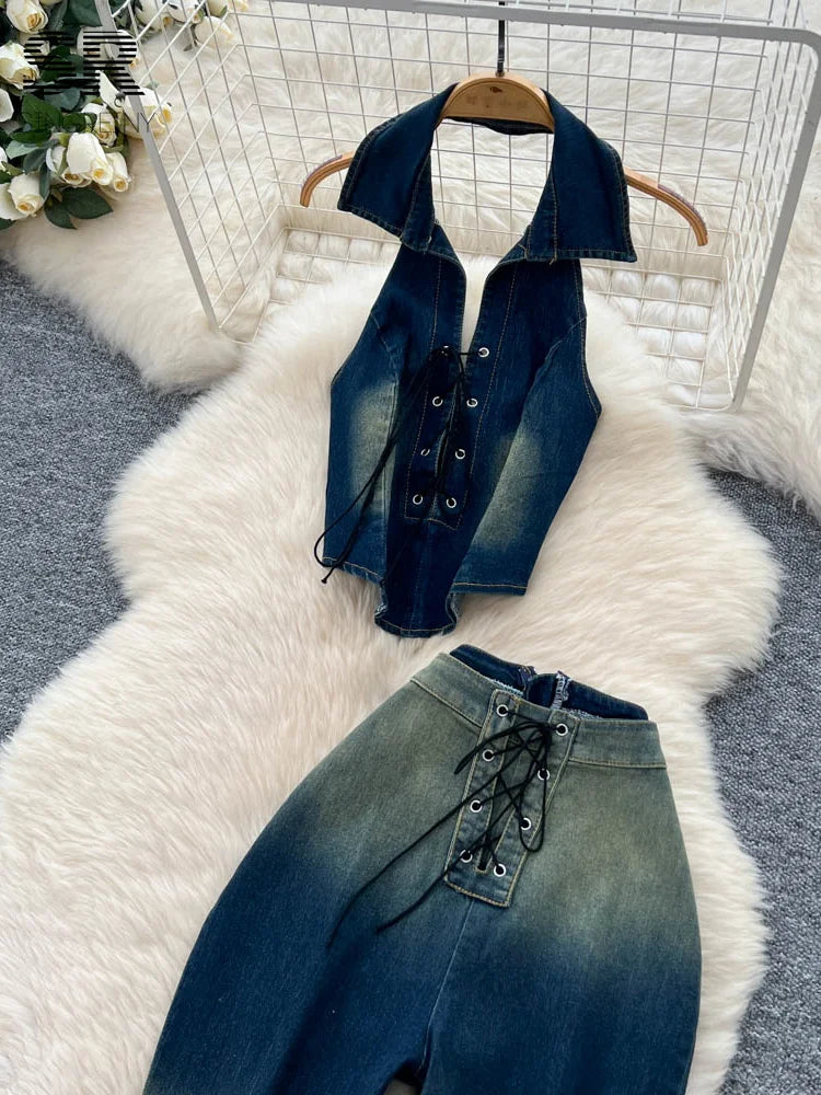 SINGREINY Women Retro Denim 2pcs Sets Halter Sleeveless Tops+Skinny Lace Up Design Jeans Female Gradient Streetwear Chic Outfits