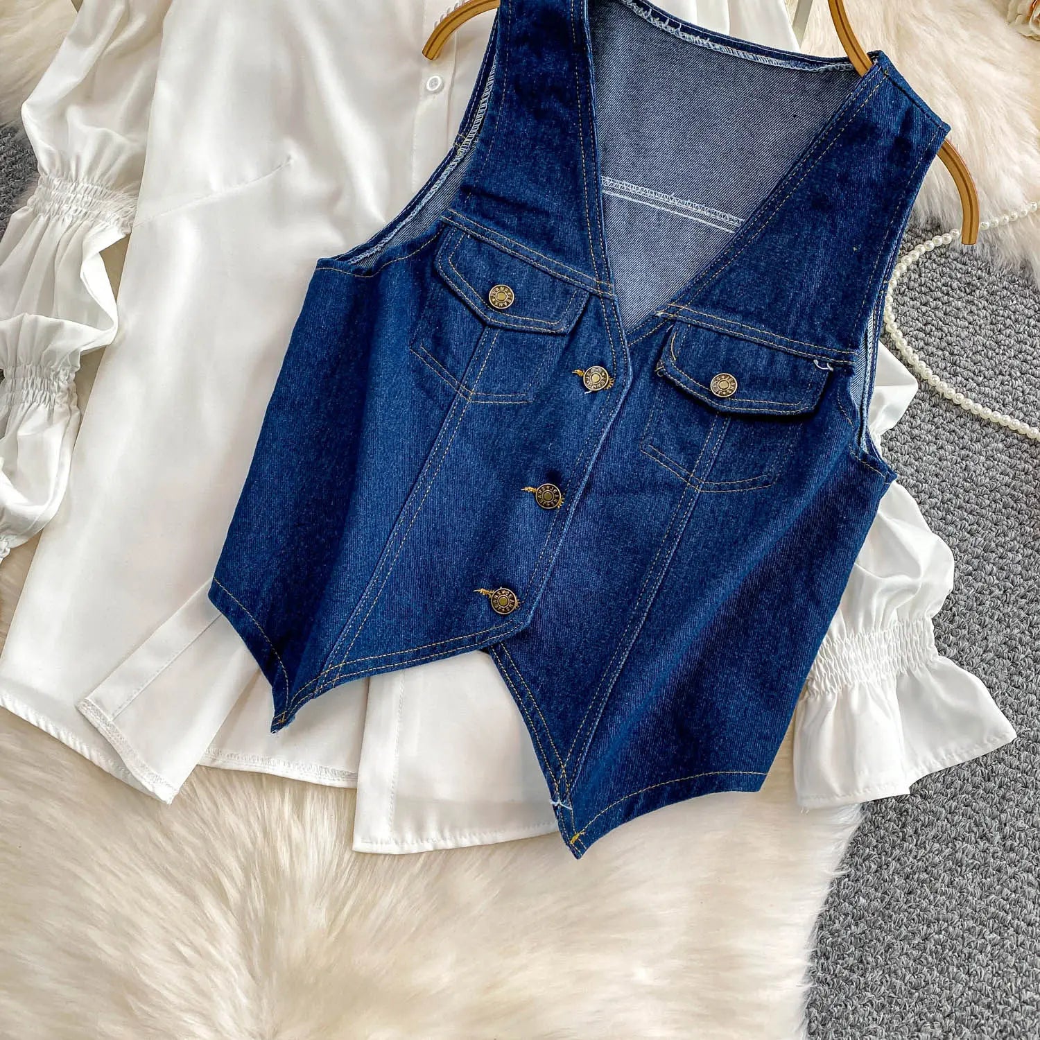 SuperAen Korean Style Office Lady Loose Lantern Sleeve Shirt Single-breasted V-neck Vest Denim Jacket Two-piece Sets
