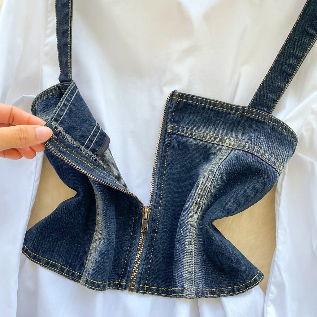 Spring Autumn Commute Sle Women's Faion Slimming Two-Piece Set High Waist Denim Belted Top Bot Ensemble Office Ready