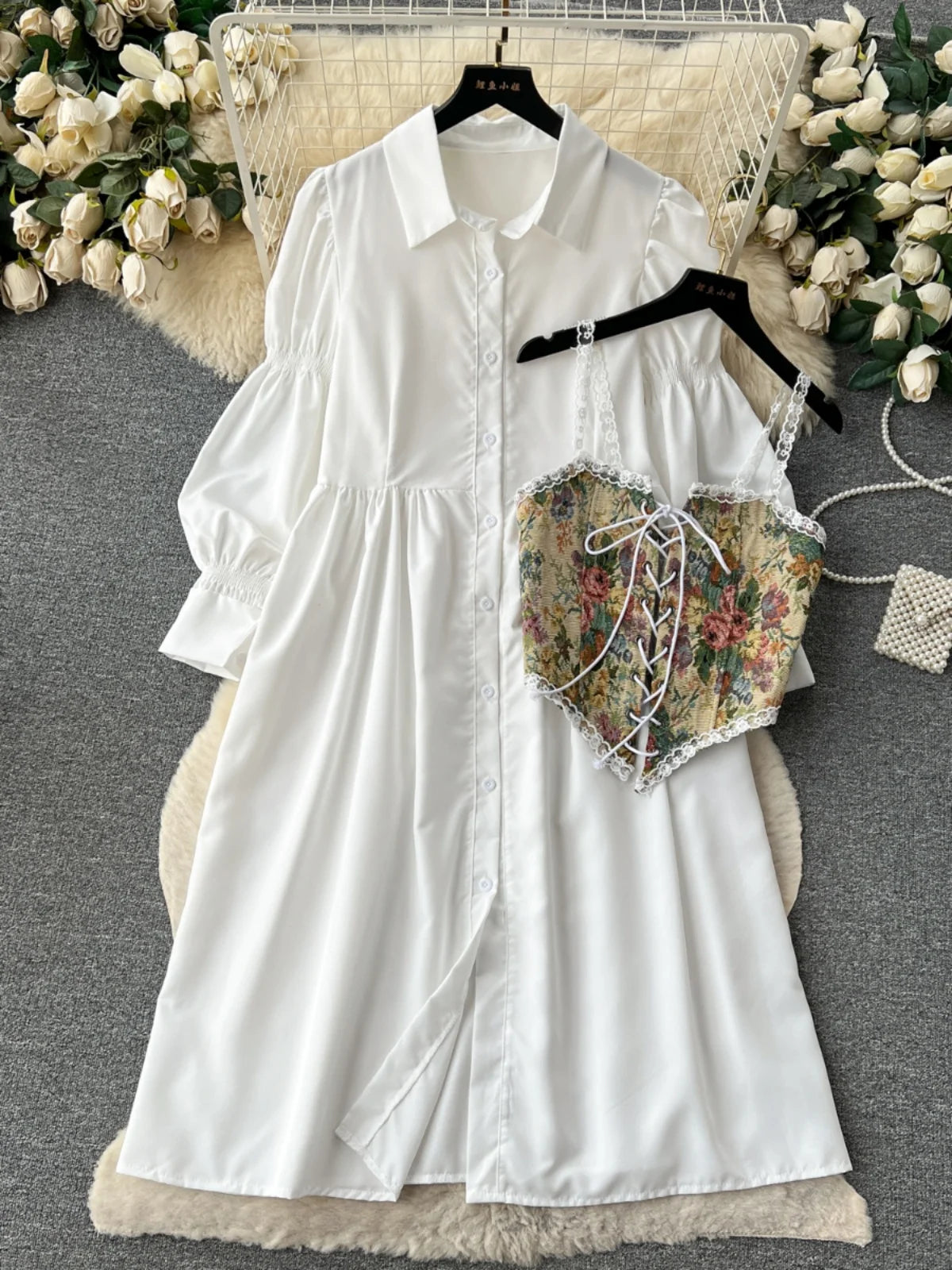 Early Autumn Light Court Sle Bubble Sve Single Button irt Dr Strap Print  Vest Two Piece Set Women's Faion