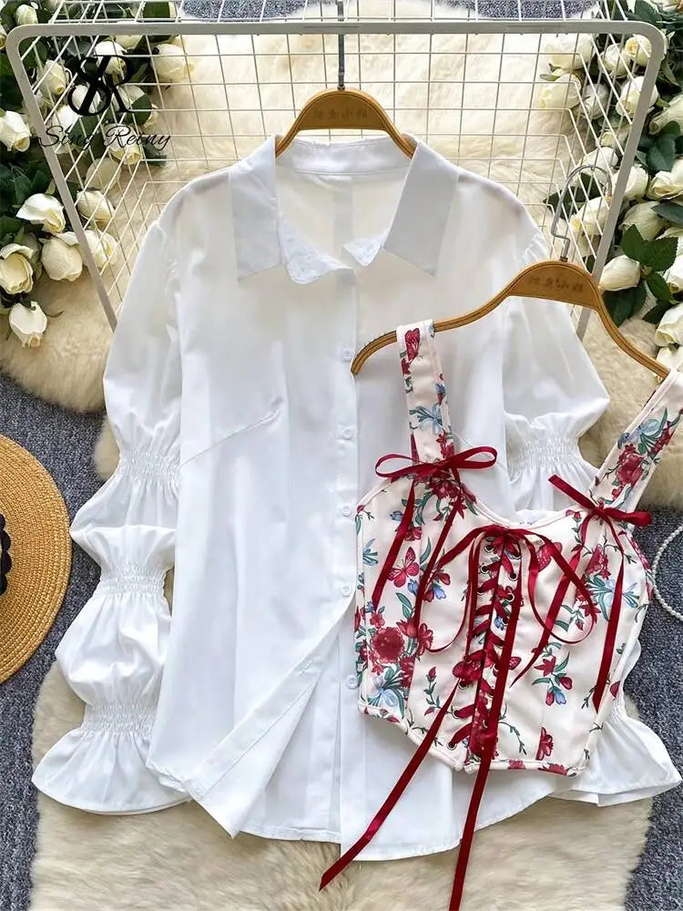 Korean Style Vintage Shirt Sets Women Lapel Puff Sleeves Loose Top+Lace Up Print Camis Fashion Vacation Retro Blouse