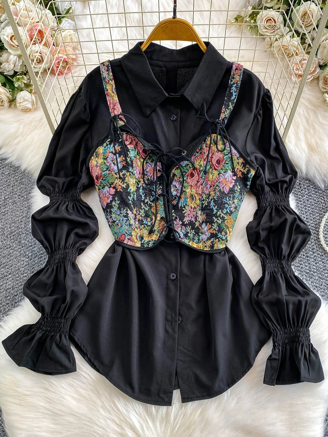 Retro Sle Slimming Lace irt with Belt And Lantern Sves Women's Casual Long Sve irt Floral Embroidery Patchwork