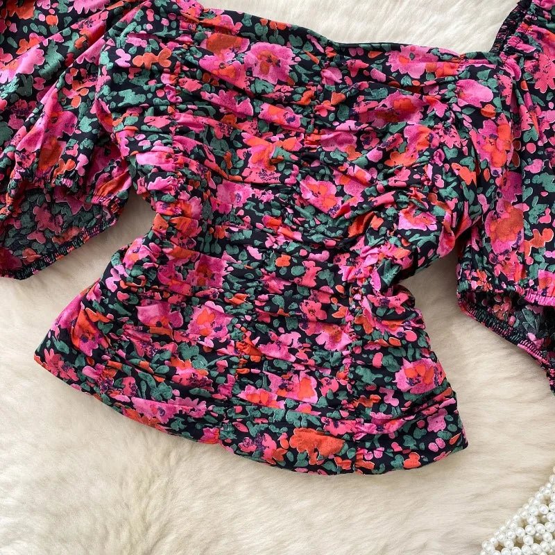 Blouses Fashion French Style Square Neck Bubble Sleeve Shirt Women Summer 2025 Pleated Waist Slim Fit Floral Top