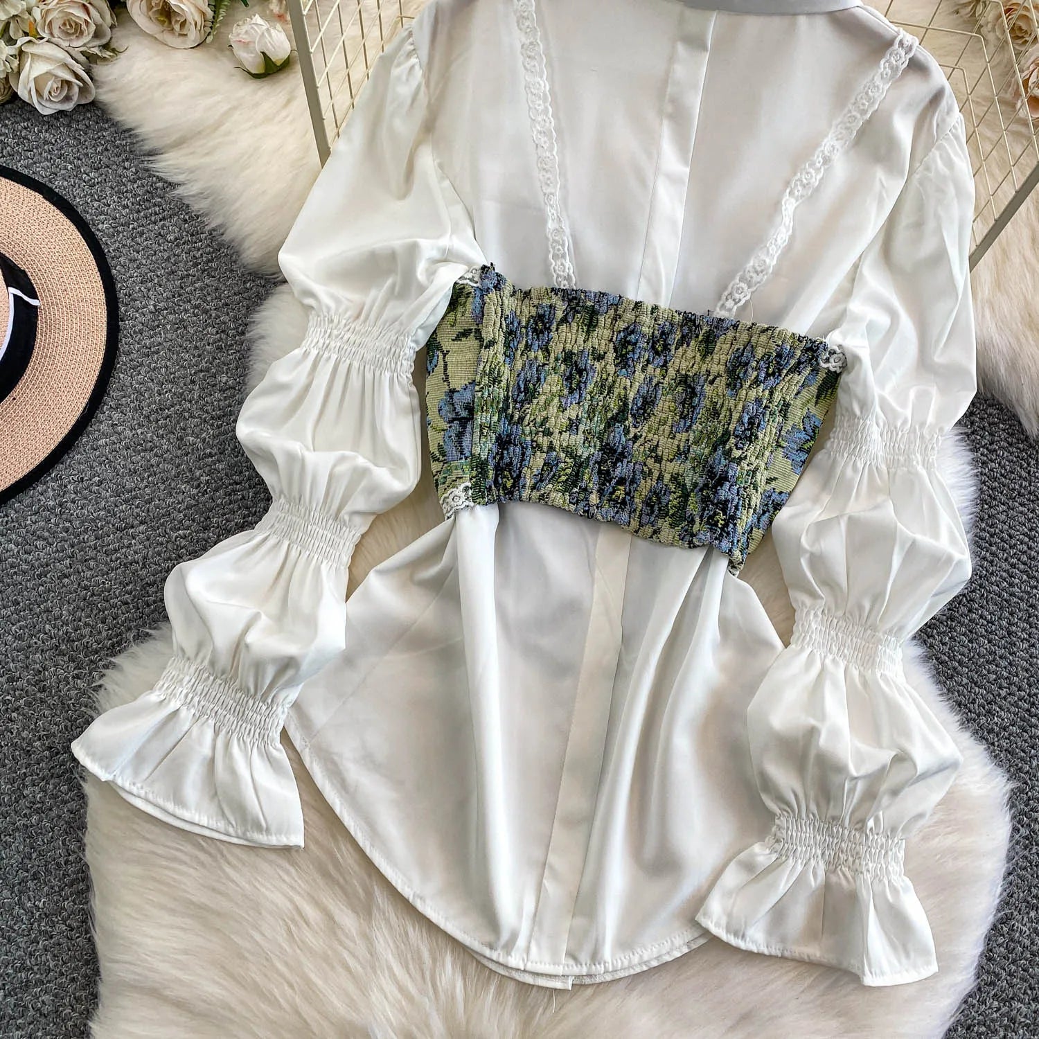 Retro Lace Patchwork Bell Sve irt Set Sweet Sle Slimming Waist Design Strap Top Versatile Long Sve Printed Casual Wear