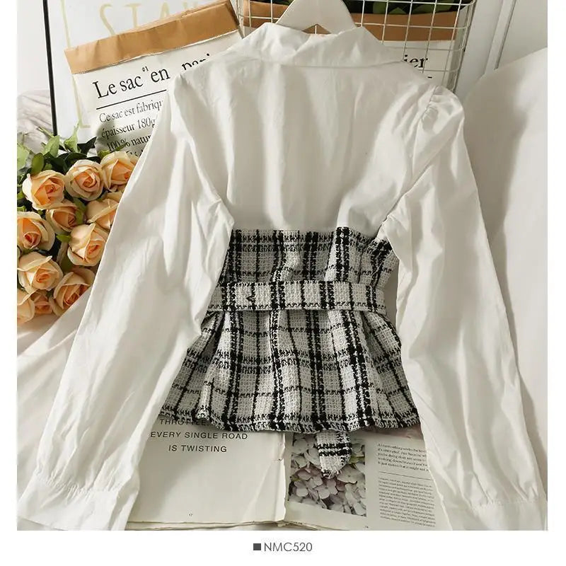 Retro Korean Style Patchwork Wide Stripe Woolen Fabric Fake Two-Piece Long Sleeve Shirt High Waist Belted Slim Fit Polo Collar