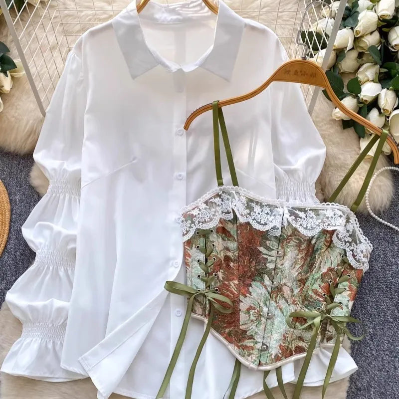 Matakawa 2 Pieces Women Shirts&blouses Print Floral Bandage Vintage Blusas Mujer Spring Autumn Korean Fashion Camisas