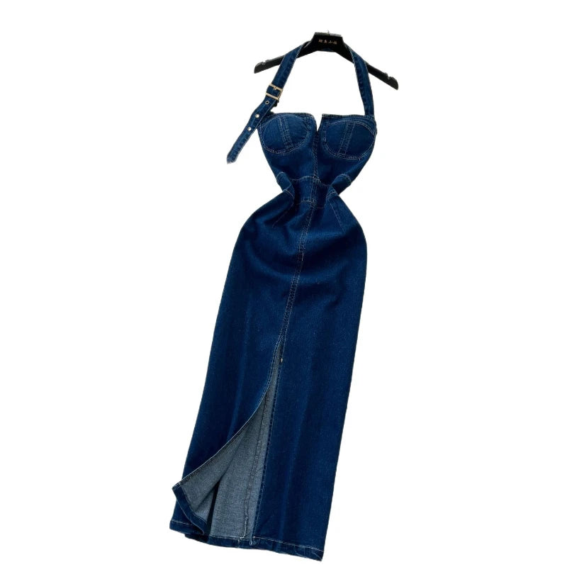 Long Dress Women Denim Dresses Sexy Halter Sling Vestidos Streetwear Wrap Hip Sleeveless Elegant Splice Y2k Party Night 2025