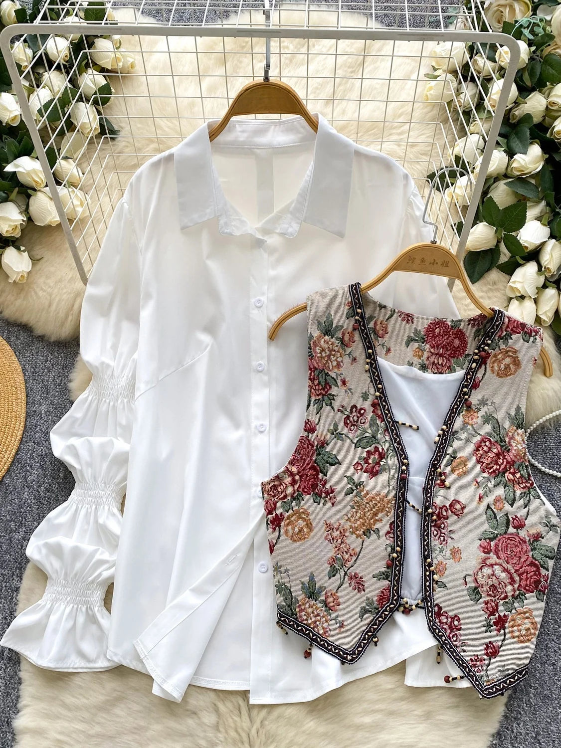 Retro Tassel Trim Embroidered Vest Loose Casual Bubble Sve irt Autumn Wear Two-Piece Set Women's Faion Casual Outfit