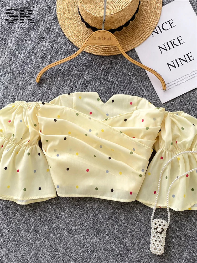 SINGREINY Hotsweet Strapless Chic Crop Tops 2025 Summer Flare Sleeves Ruched Shirts Fashion Slim Off Shoulder Polka Dot Blouses