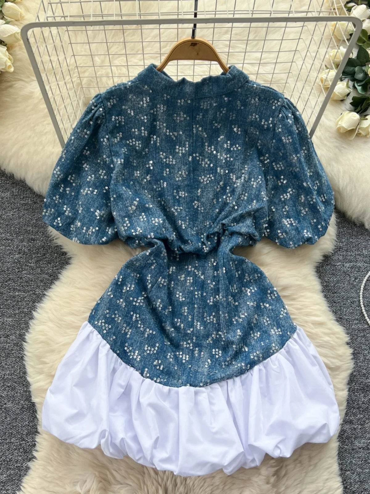 Elegant Hollow Out Sequins Jeans Dresses Shirt Women Patchwork Ball Gown Single Breasted Pearl Blue White Short Evening Dress