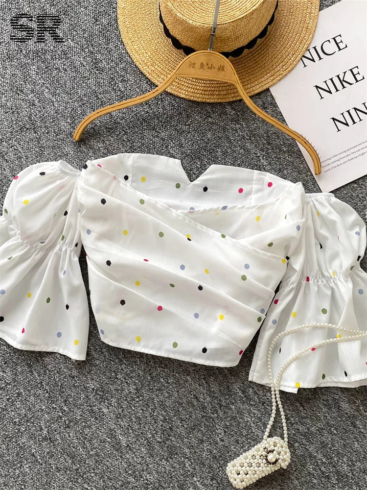 SINGREINY Hotsweet Strapless Chic Crop Tops 2025 Summer Flare Sleeves Ruched Shirts Fashion Slim Off Shoulder Polka Dot Blouses