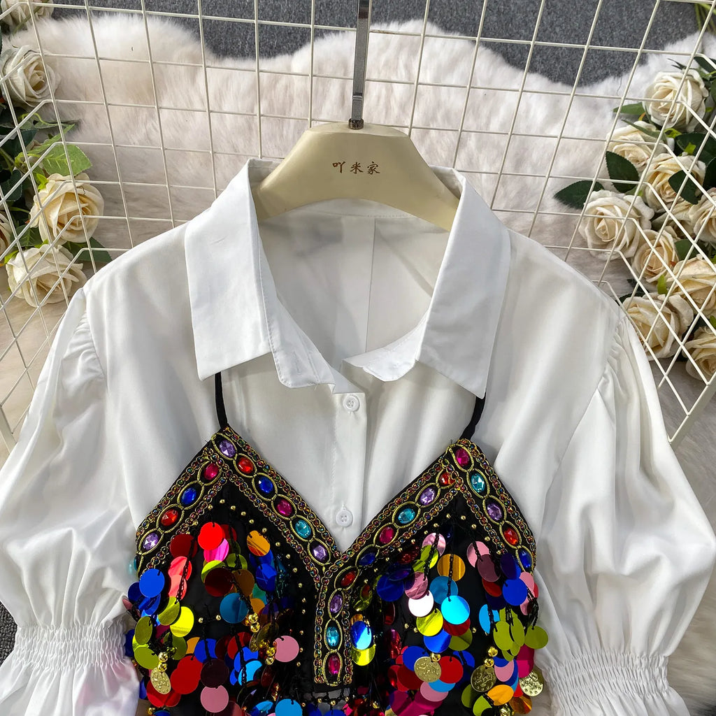 2 Piece Sets 2026 Women's Clothing Heavy Sequin Sking Vest Lantern Sleeve White Blouses Outfits Roupas Femme Chic Korean Suit