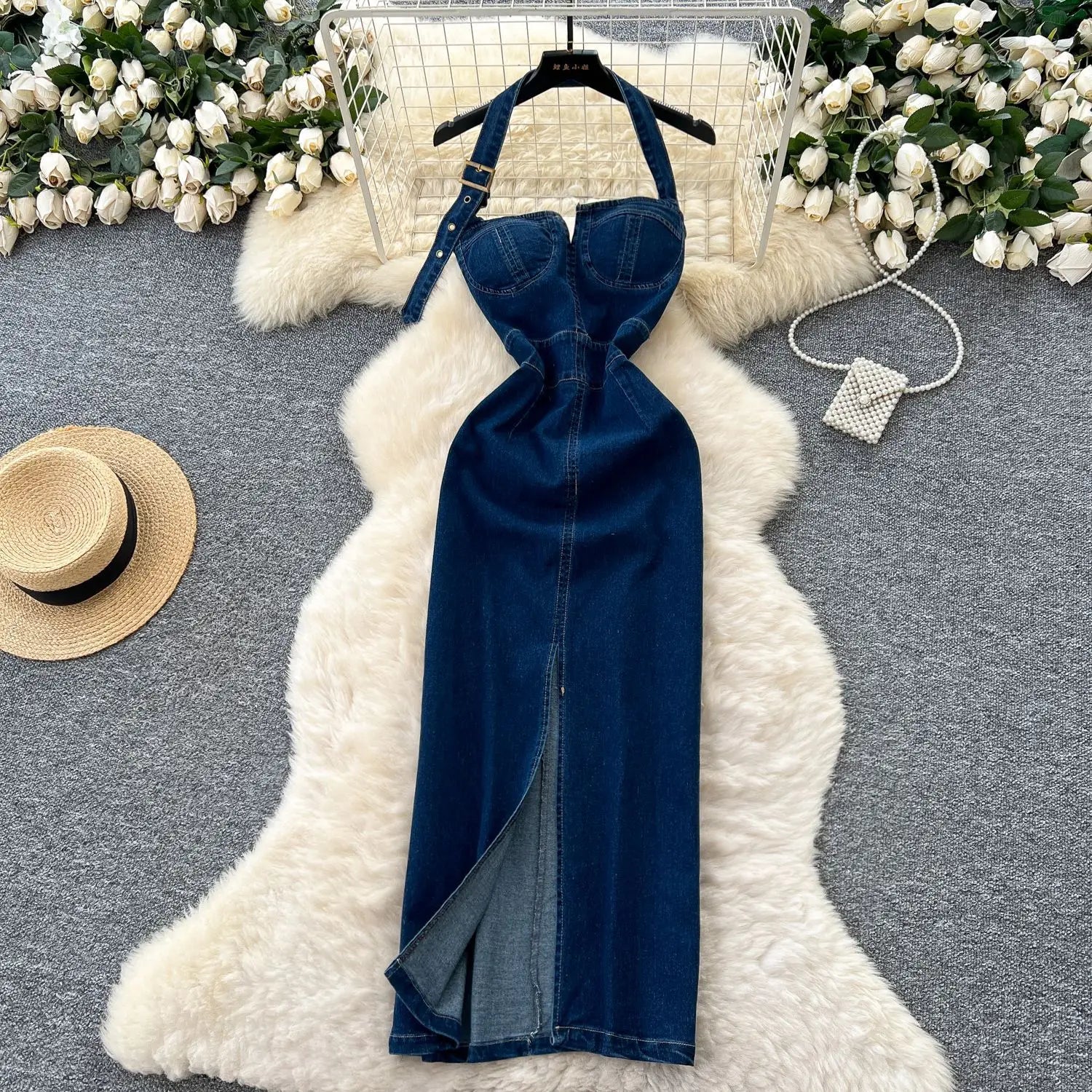 Long Dress Women Denim Dresses Sexy Halter Sling Vestidos Streetwear Wrap Hip Sleeveless Elegant Splice Y2k Party Night 2025