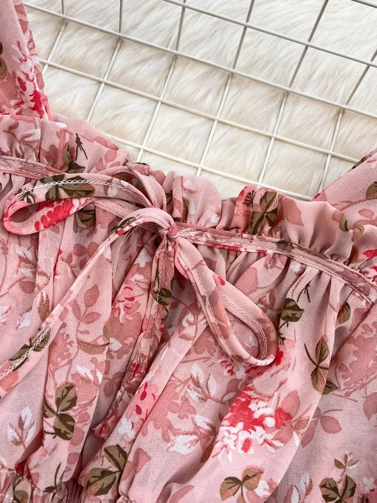 Women Spring Korean Version of The Retro Square Neck Puff Sleeve Lotus Leaf Floral Chiffon Short Blouse Tops Female D0749