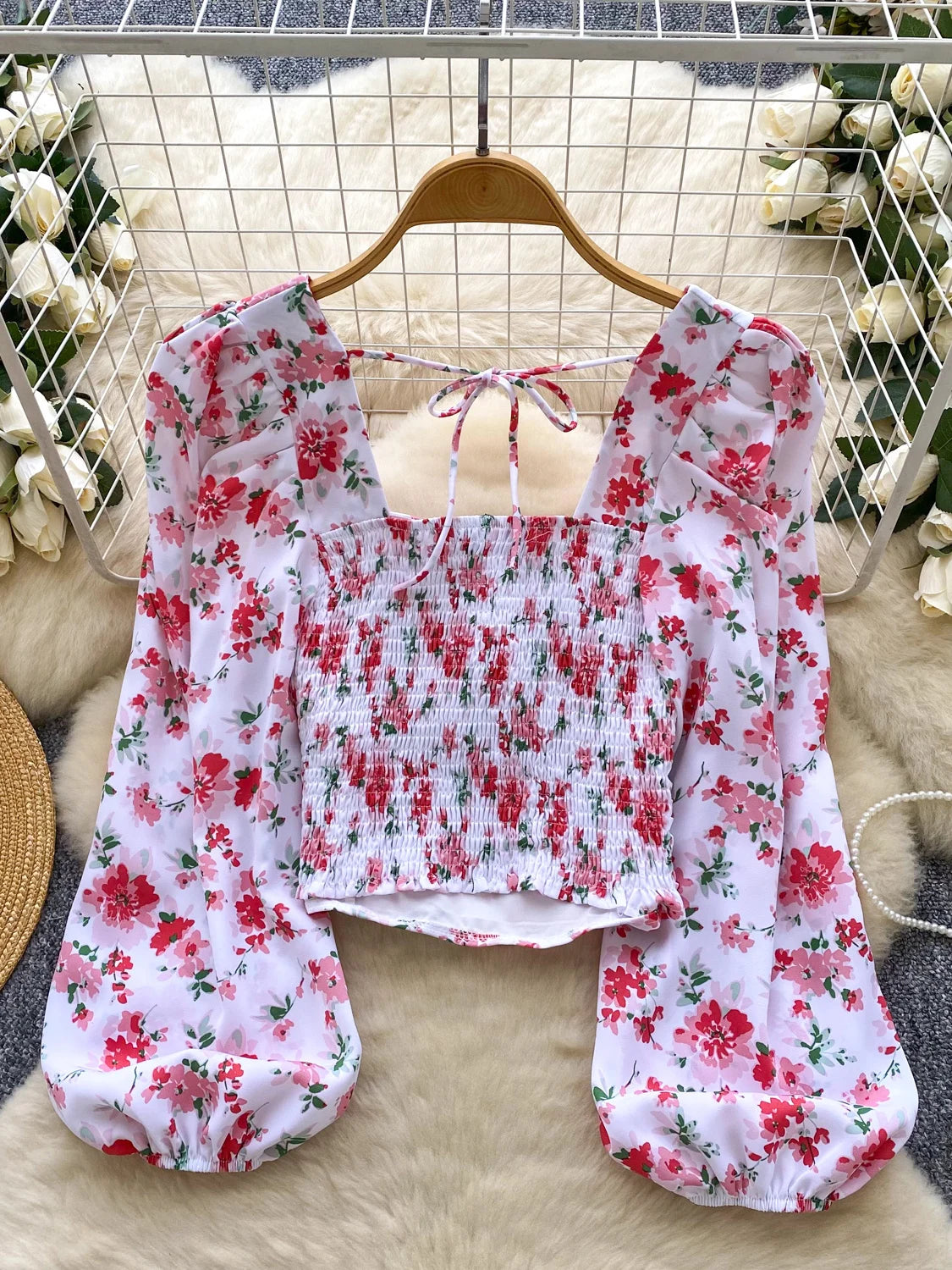 Ele Floral Print Bubble Sve Square Collar ort irt Women's Summer Tie Waist Retro Spicy Girl Beautiful Top Trendy
