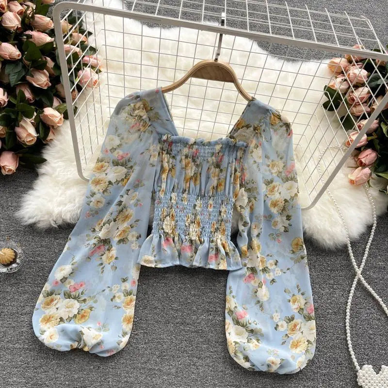 French Sweet Floral Print Chiffon Top Early Autumn 2025 New Women Slimming Bubble Lantern Sleeve Short Style Women's Blouse
