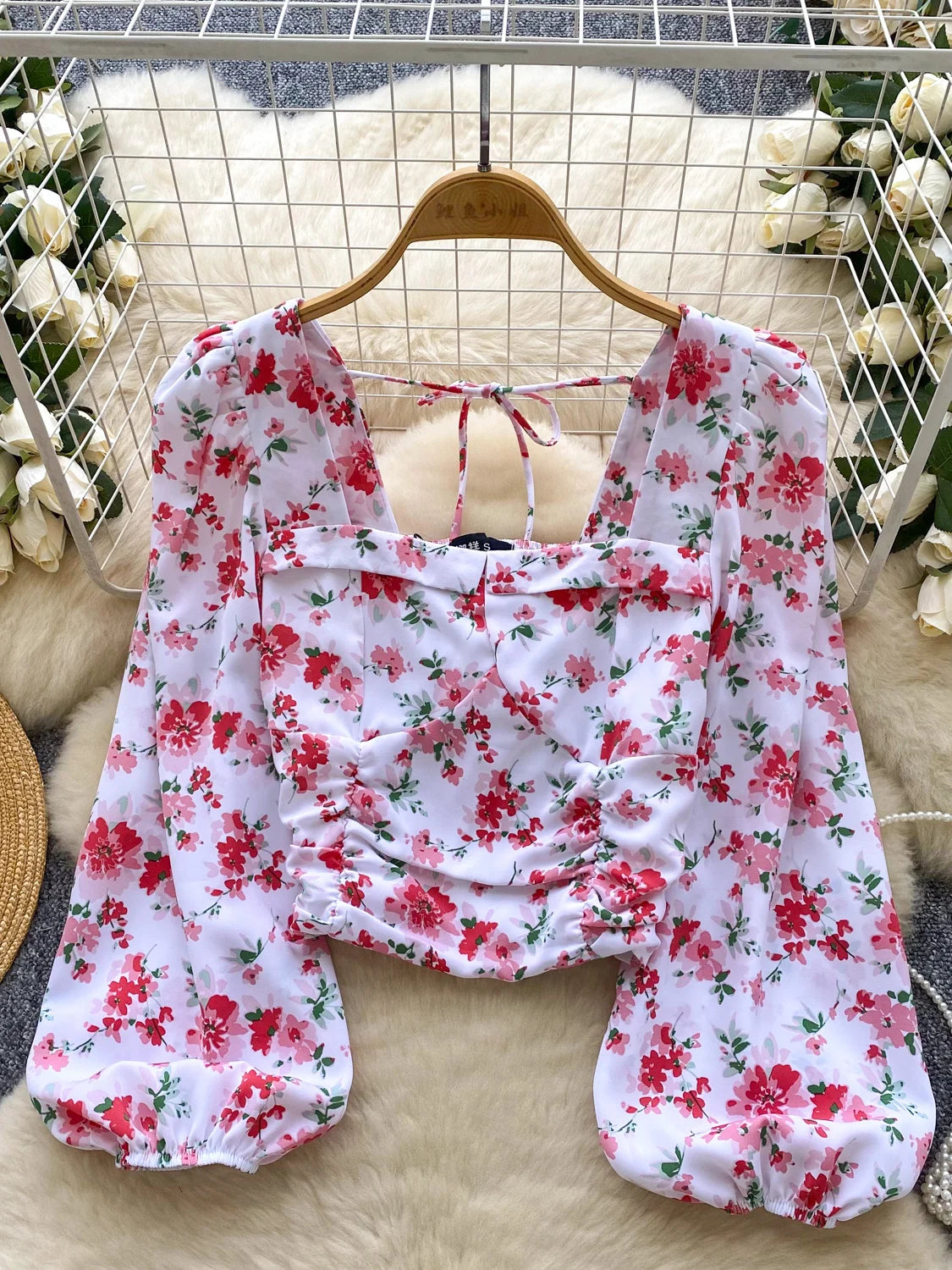 Ele Floral Print Bubble Sve Square Collar ort irt Women's Summer Tie Waist Retro Spicy Girl Beautiful Top Trendy