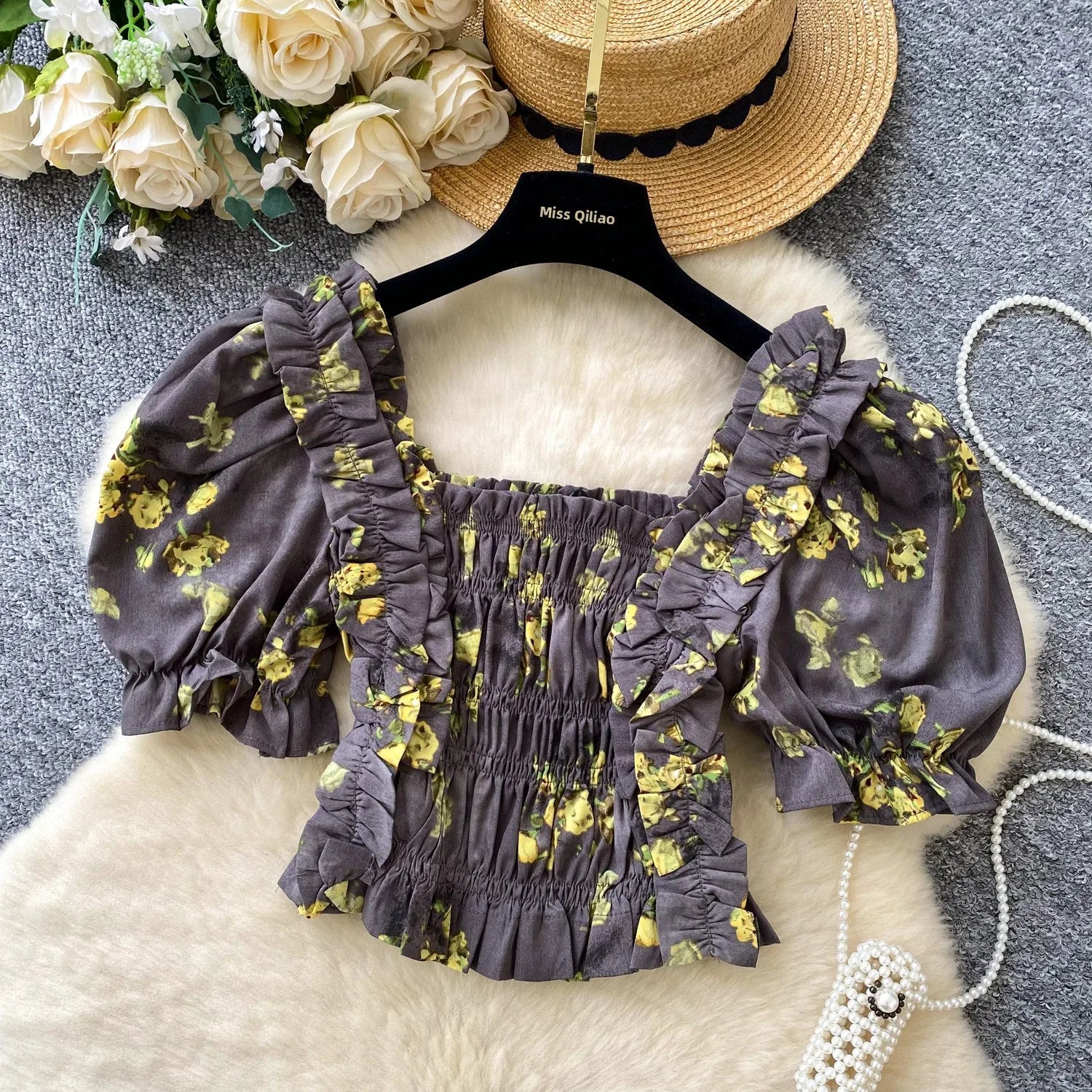 Romantic Aosphere Bubble Sve ort Design Women's irt Vintage Street Sle Polyester Fiber Korean Version Casual irt