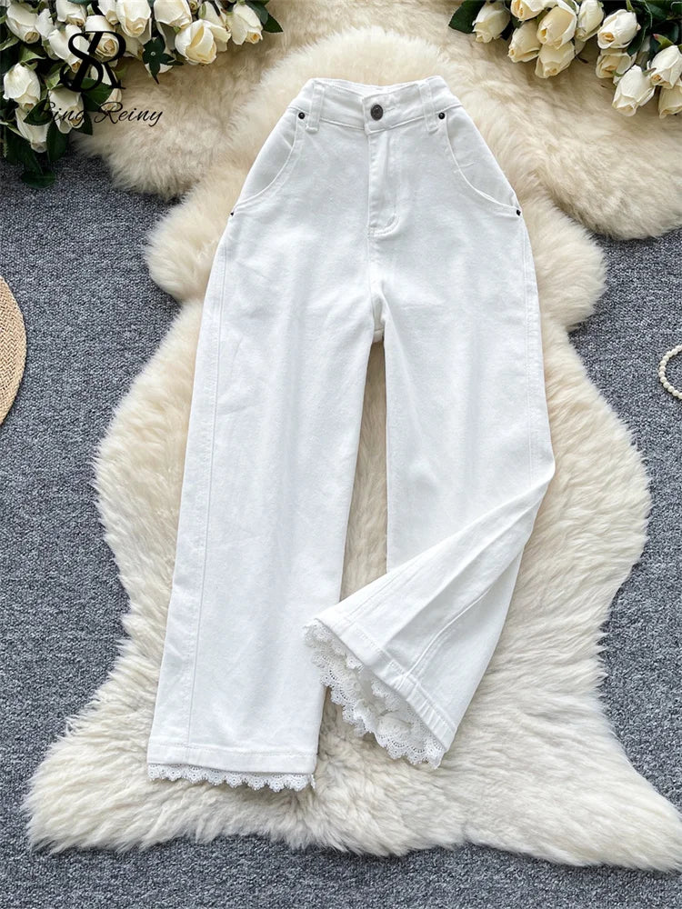 SINGREINY American Retro Denim Pants Women's Pockets Chic Casual Wide Legs Trousers Autumn Fashion High Waist Lace Splice Jeans