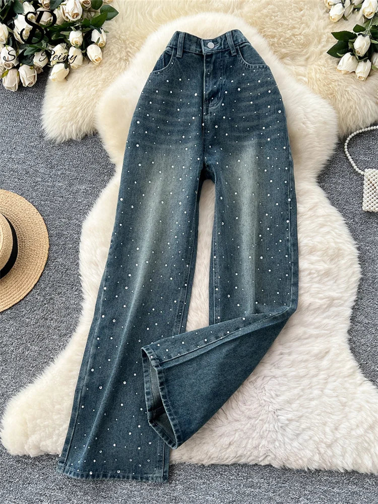 SINGREINY American Retro Diamonds Jeans Female High Waist Pockets Zipper Wide Legs Trousers Streetwear Loose Denim Long Pants