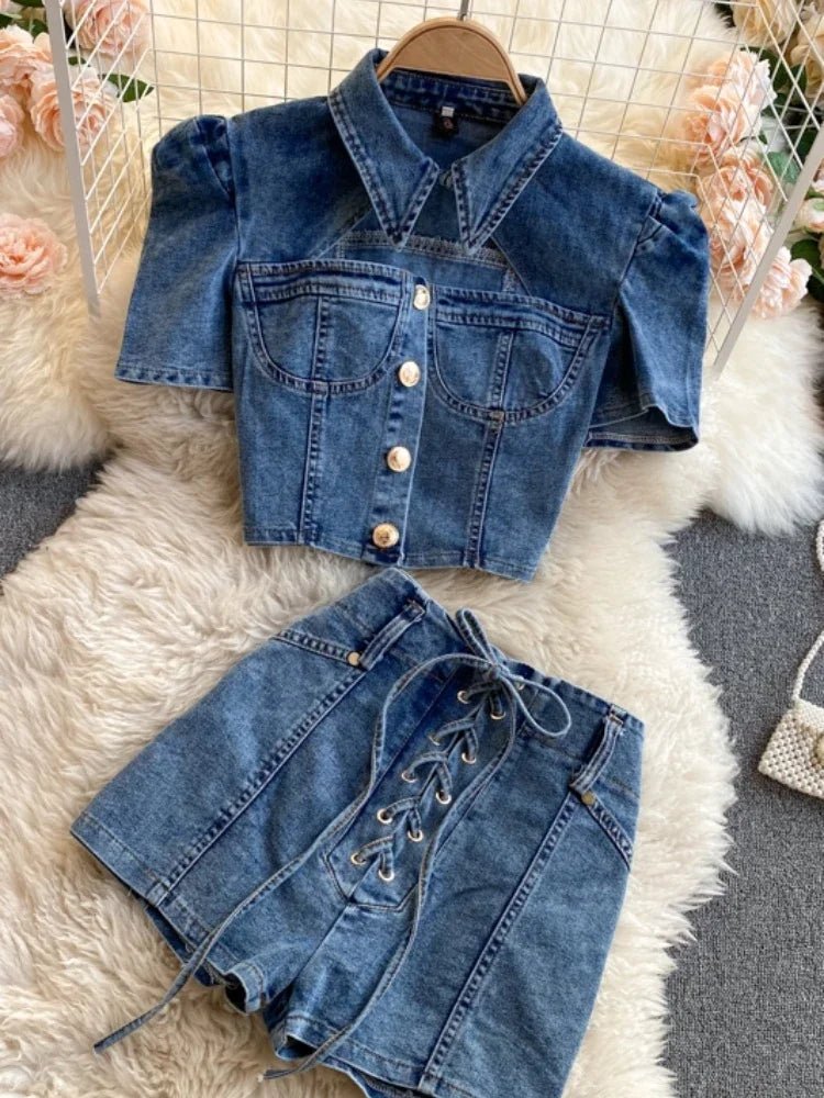 American vintage denim two - piece sets for women feature polo collars, hollow - out tops, and high waistband bandage hot shorts. - MODE SEPHRA