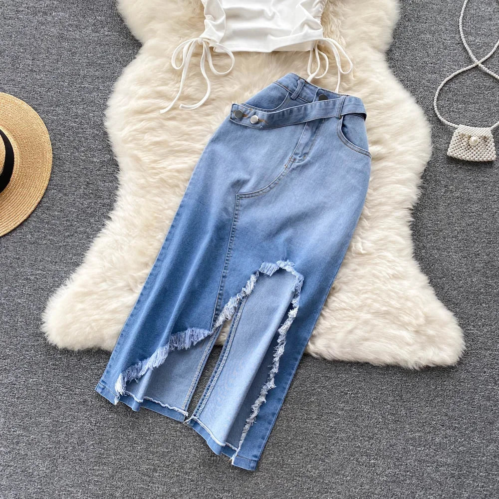 E - Girls Summer Two Piece Set: Femme Pleated Lace Up Oblique Shoulder Tank Top with Irregular Raw Edge Split Denim Half Skirt - MODE SEPHRA
