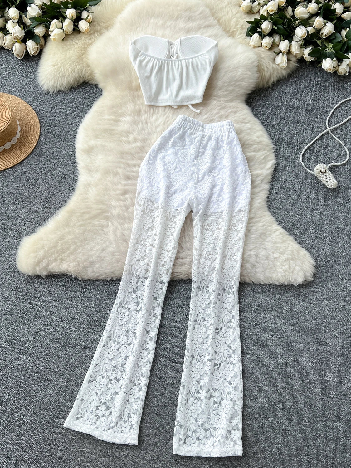 Women's Slim Fit Lace Casual Pants Tie Design Svel Crop Top High Waist Butt Covering Summer Faion Set Two Pieces