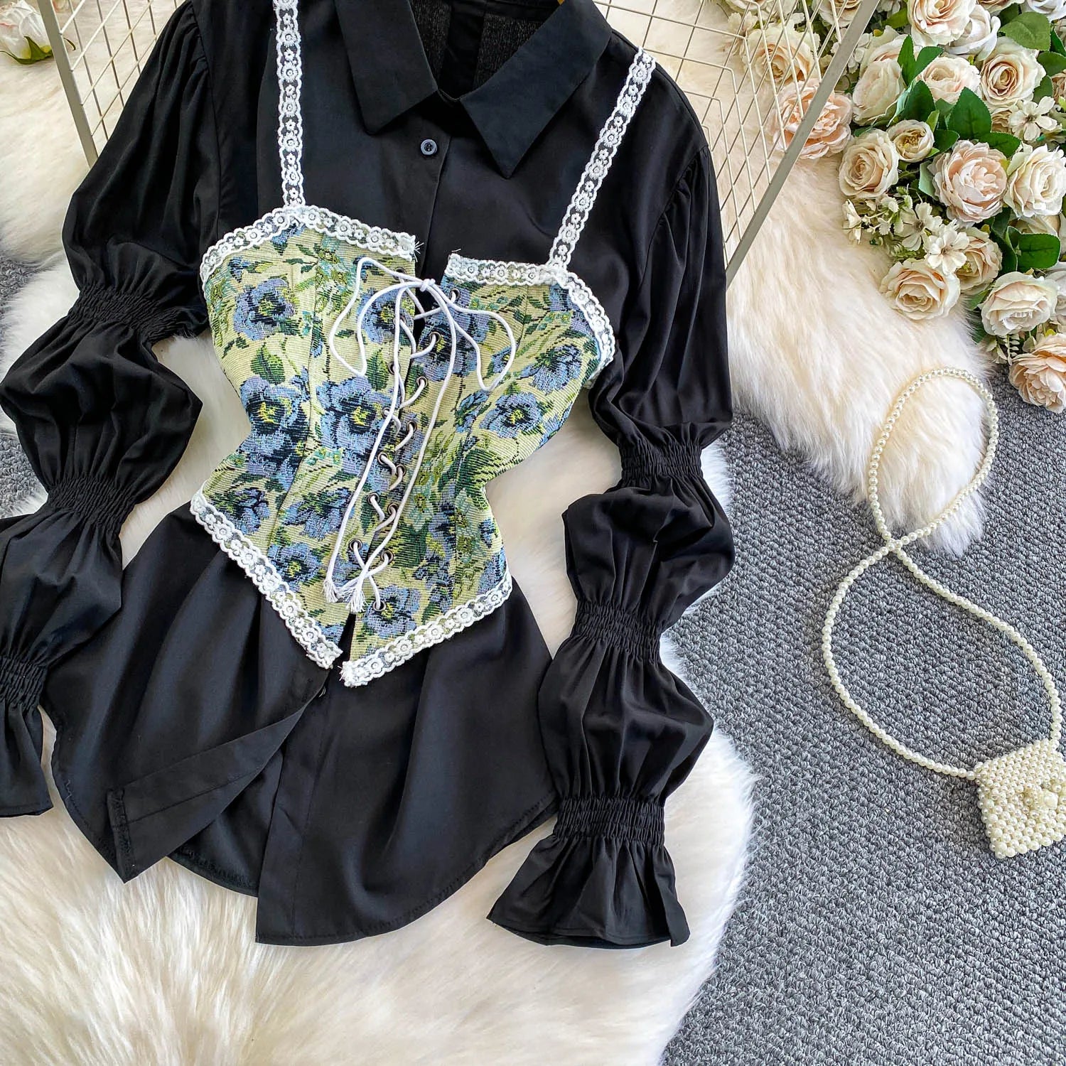 Retro Lace Patchwork Bell Sve irt Set Sweet Sle Slimming Waist Design Strap Top Versatile Long Sve Printed Casual Wear