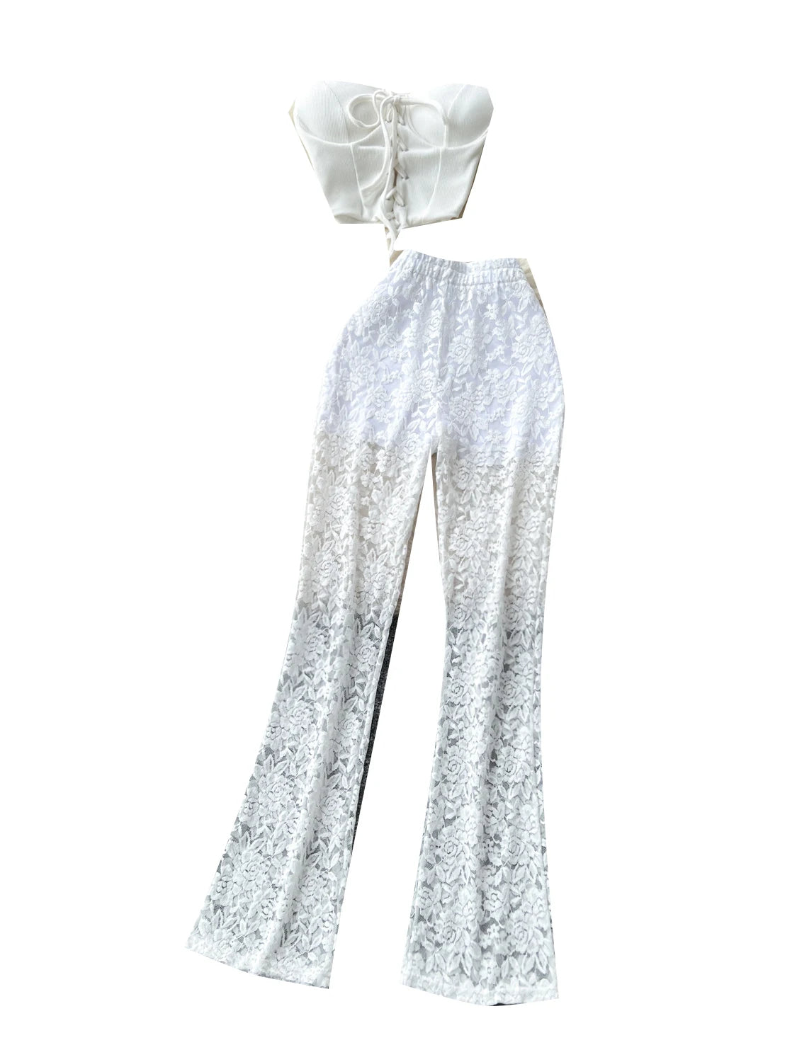 Women's Slim Fit Lace Casual Pants Tie Design Svel Crop Top High Waist Butt Covering Summer Faion Set Two Pieces