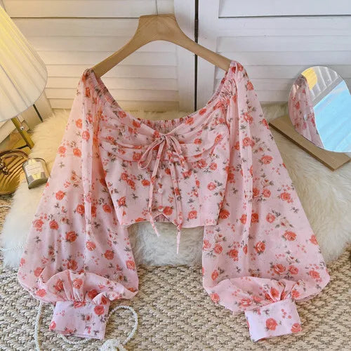 Chiffon Women Blouse New Arrival Bare Midriff Long Puff Sleeve Floral Print Lace Up Skinny Blusa Autumn Versatile Tops Dropship