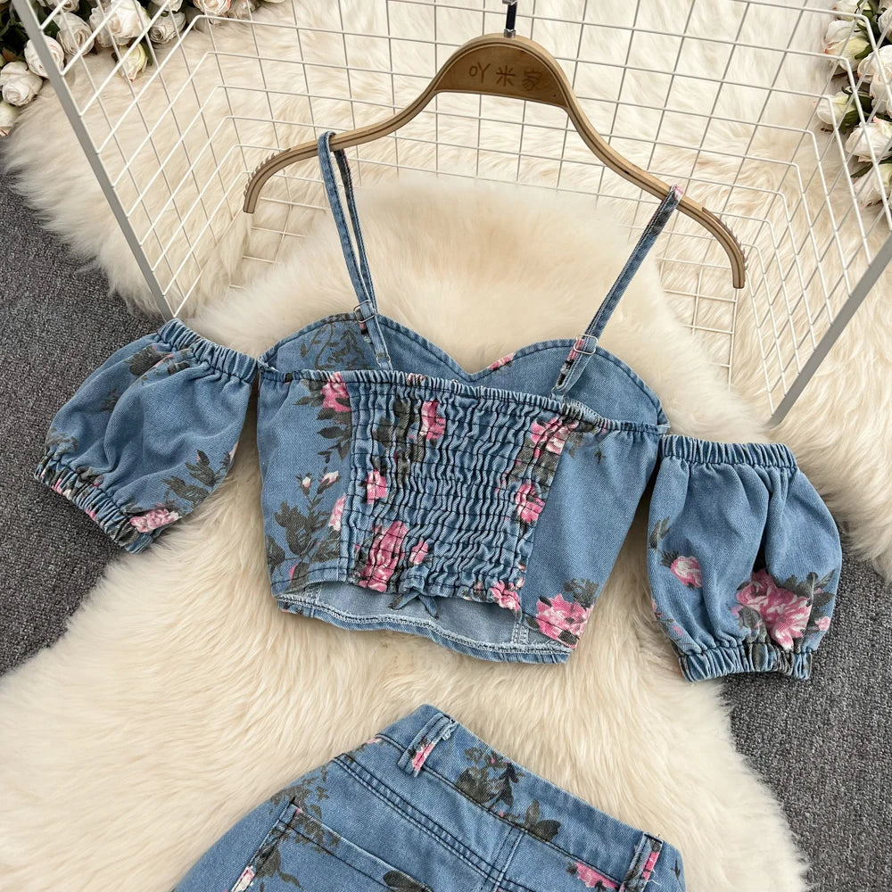 Women 2 Piece Set Denim Fashion Female Hot Girl Chic Sexy Sling Top High Waist Irregular Split Skirt Summer Lady Suit