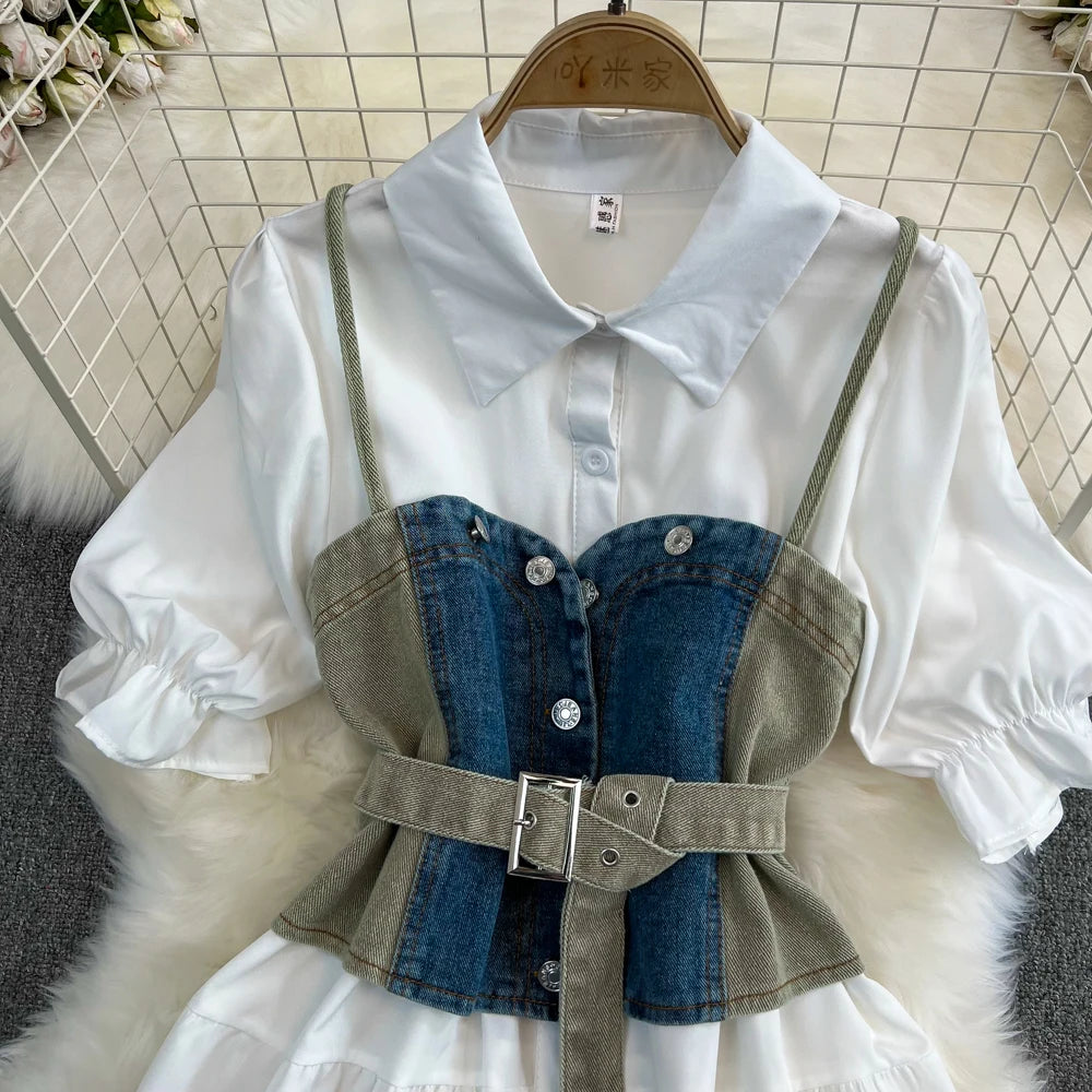 Summer Women's White Shirt Dresses Denim Vest Top Short Sleeve Turn Down Collar Single-breasted A-line Dress Two Piece Set