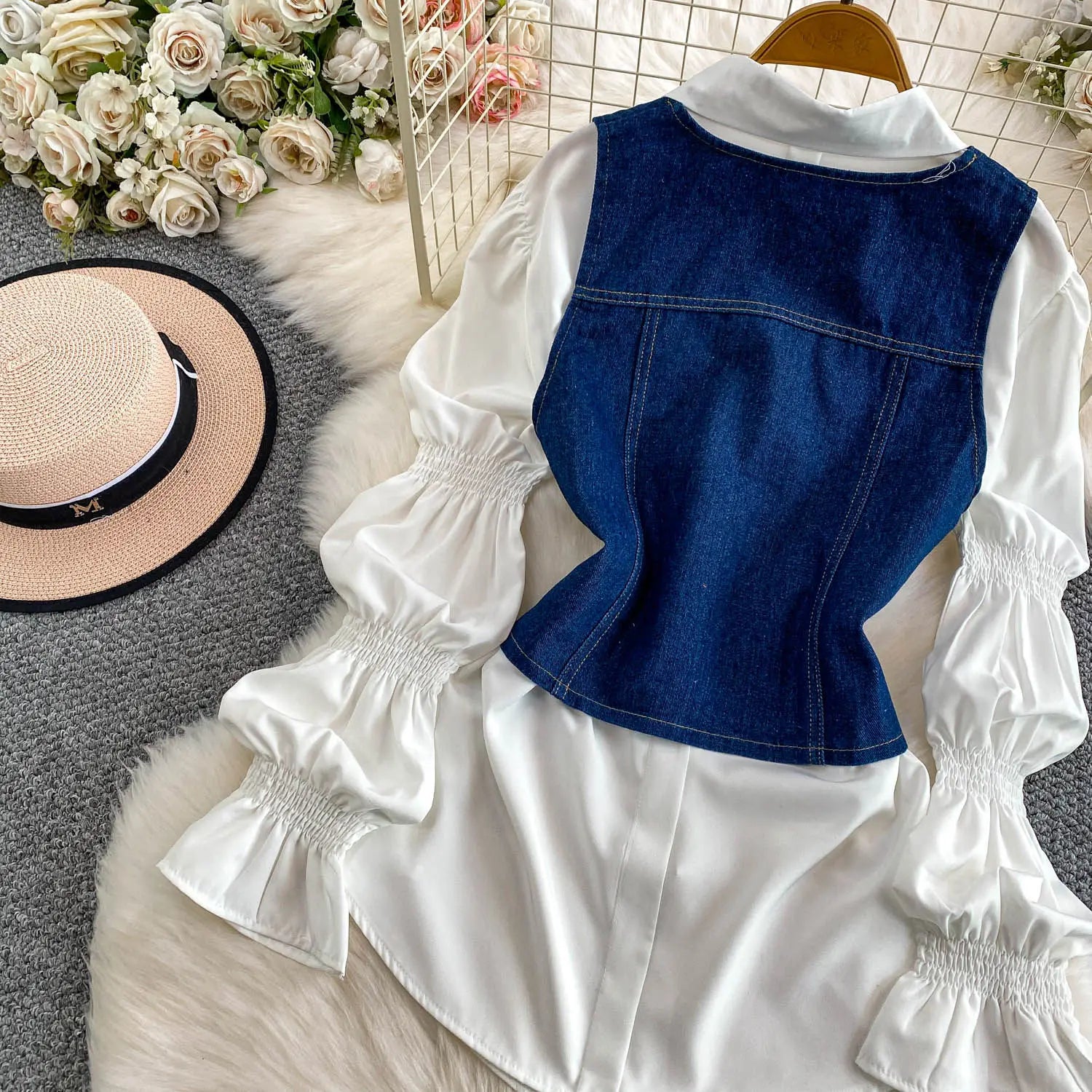 SuperAen Korean Style Office Lady Loose Lantern Sleeve Shirt Single-breasted V-neck Vest Denim Jacket Two-piece Sets