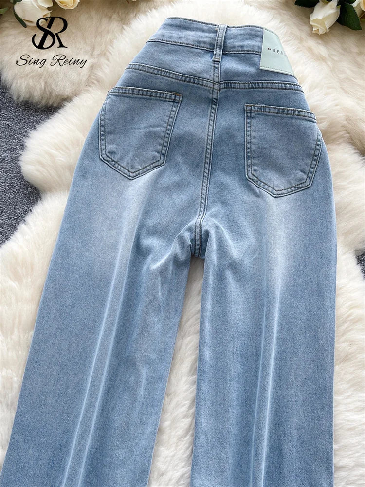 SINGREINY American Retro Denim Pants Female Zipper Buttons Design Wide Legs Trousers 2025 Fashion Embroidery Flower Solid Jeans