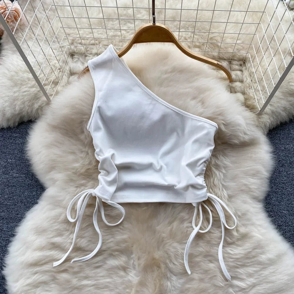 E-Girls Summer Two Piece Set: Femme Pleated Lace Up Oblique Shoulder Tank Top with Irregular Raw Edge Split Denim Half Skirt