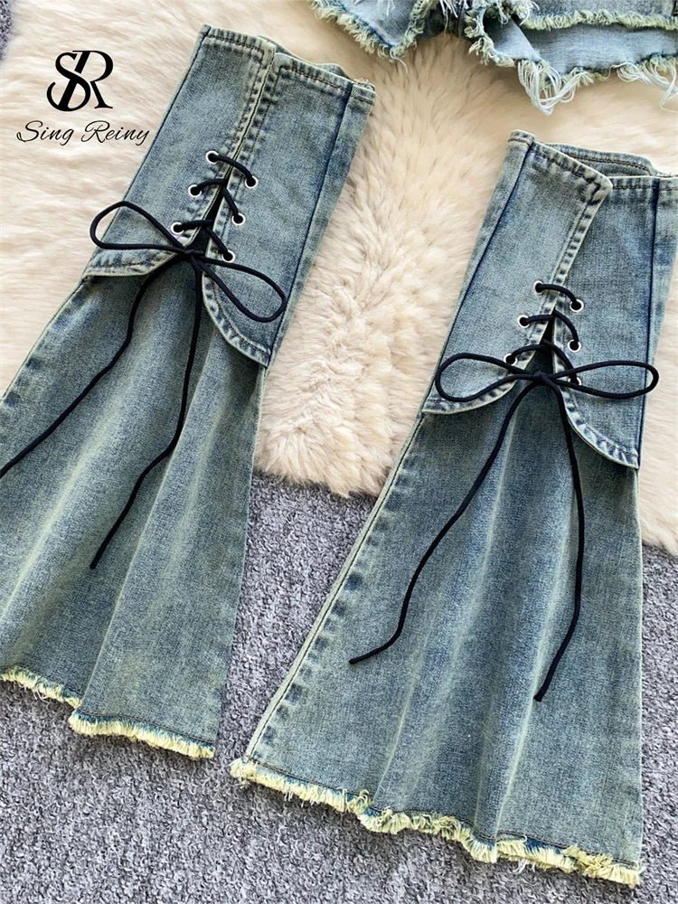 Denim Edgy Three-Piece Sets: Stretchy Curve Sexy Tops, Raw Hem Shorts, and Strap Leg Warmer. Fashion High Quality Summer Sets.