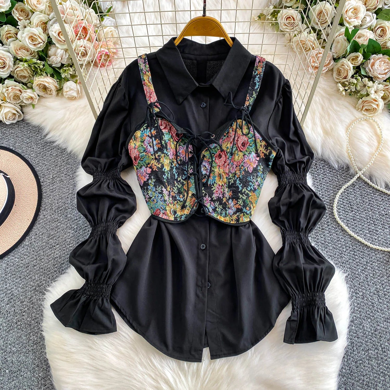 Retro Sle Slimming Lace irt with Belt And Lantern Sves Women's Casual Long Sve irt Floral Embroidery Patchwork
