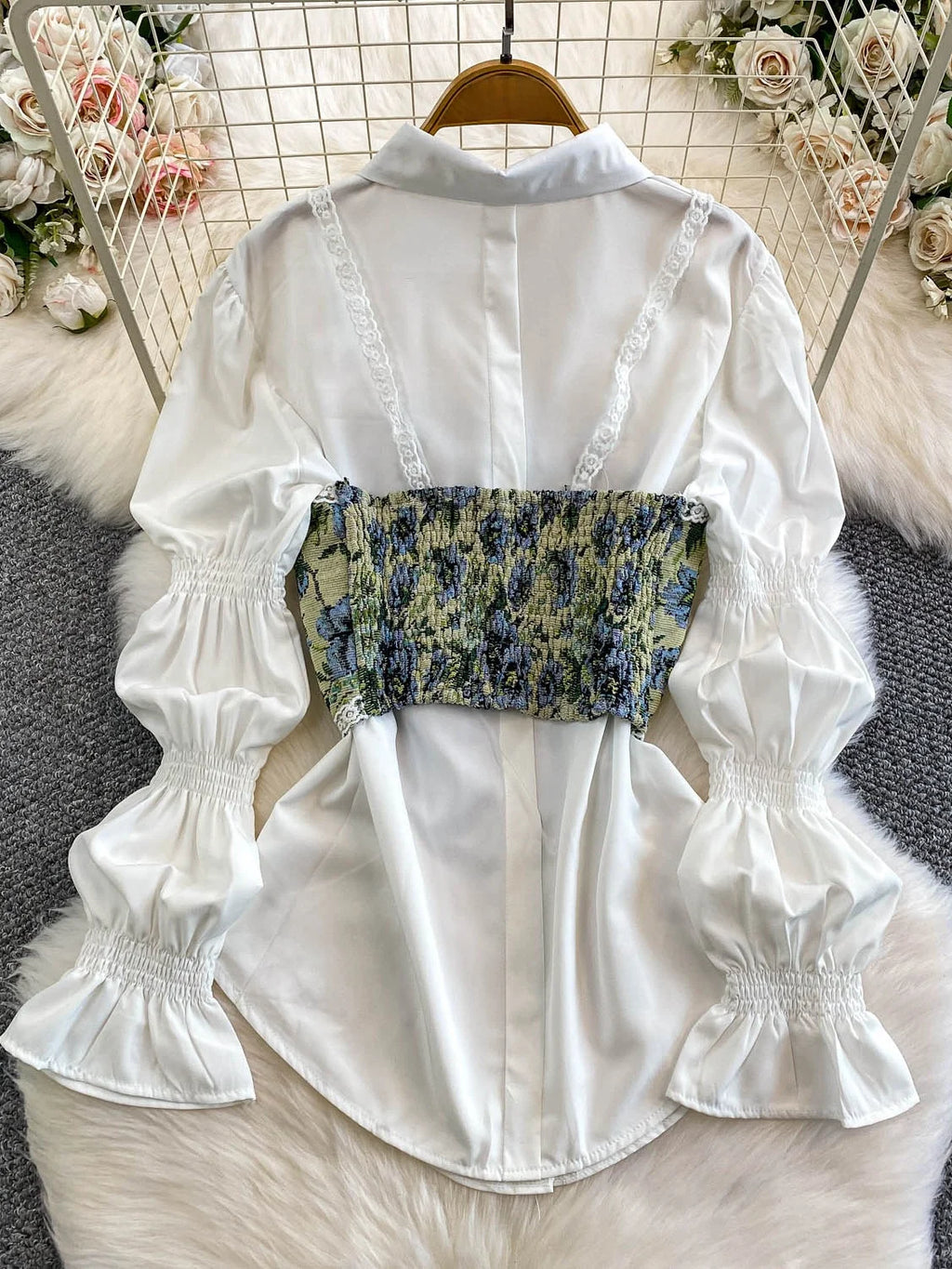 Retro Lace Patchwork Bell Sve irt Set Sweet Sle Slimming Waist Design Strap Top Versatile Long Sve Printed Casual Wear