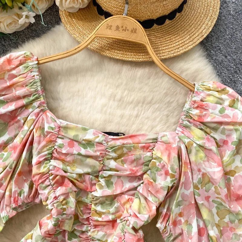 Blouses Fashion French Style Square Neck Bubble Sleeve Shirt Women Summer 2025 Pleated Waist Slim Fit Floral Top