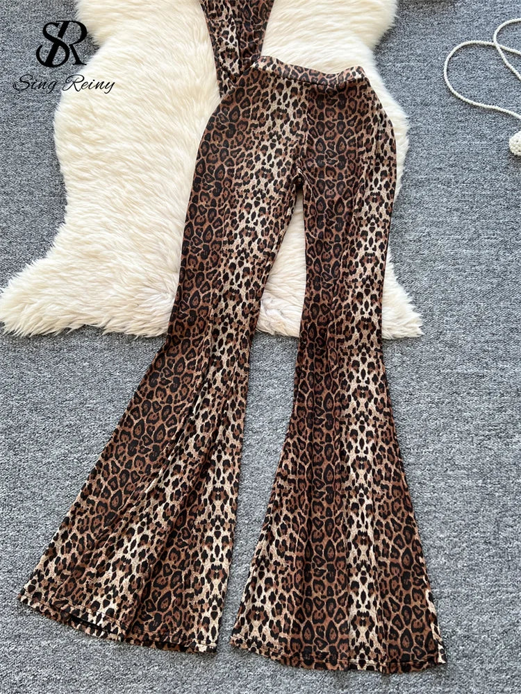 SINGREINY 2026 Newest Leopard 2pcs Suits Women Sexy Strap Tops+Elastic Waist Flared Pants American Ins Fashion Hotsweet Sets