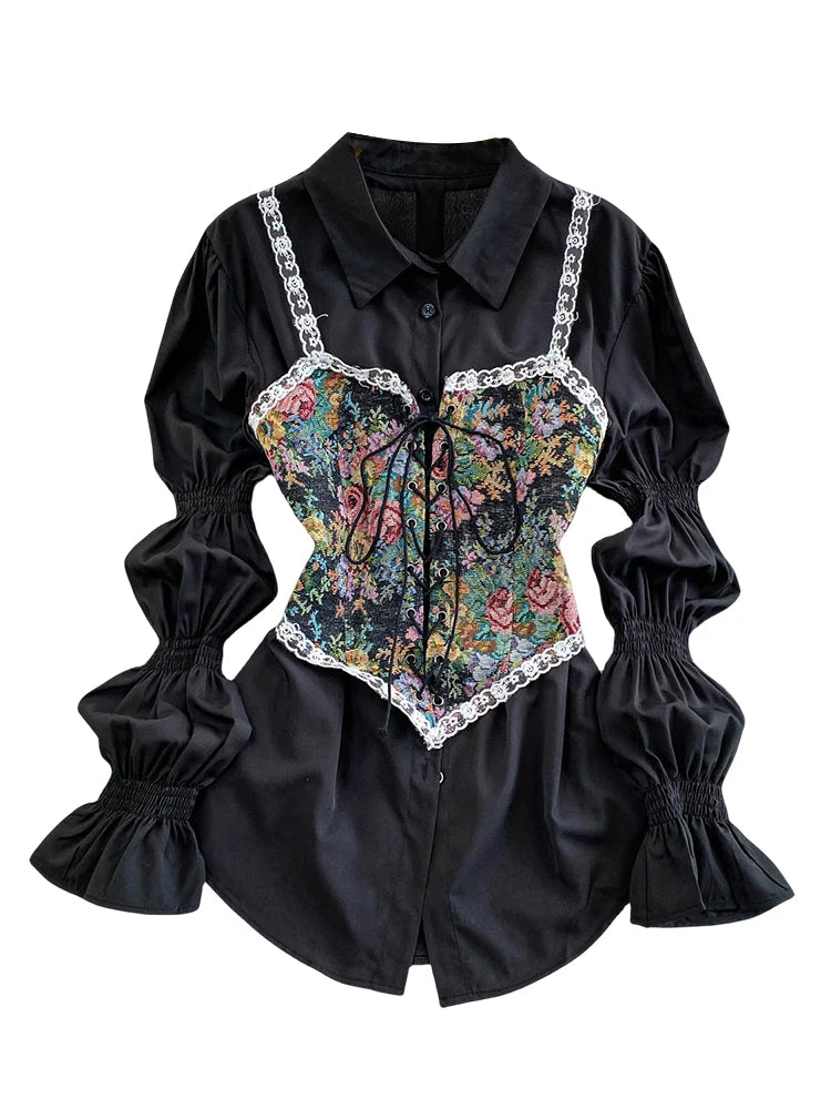 Retro Floral Embroidery Slim Fit Bell Sve Lace Trim irt White Splicing Design Versatile Women's Premium Quali Blouse