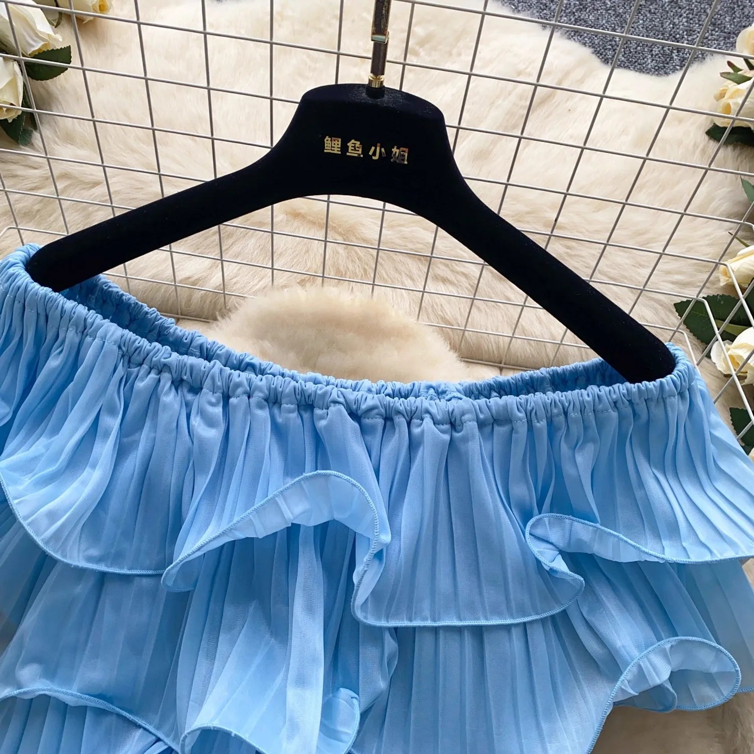 New Summer Sweet Chic Slash Neck Folded Ruffles Chiffon Shirt Women's Sexy Sleeveless Black White Short Blouses Pullover Tops