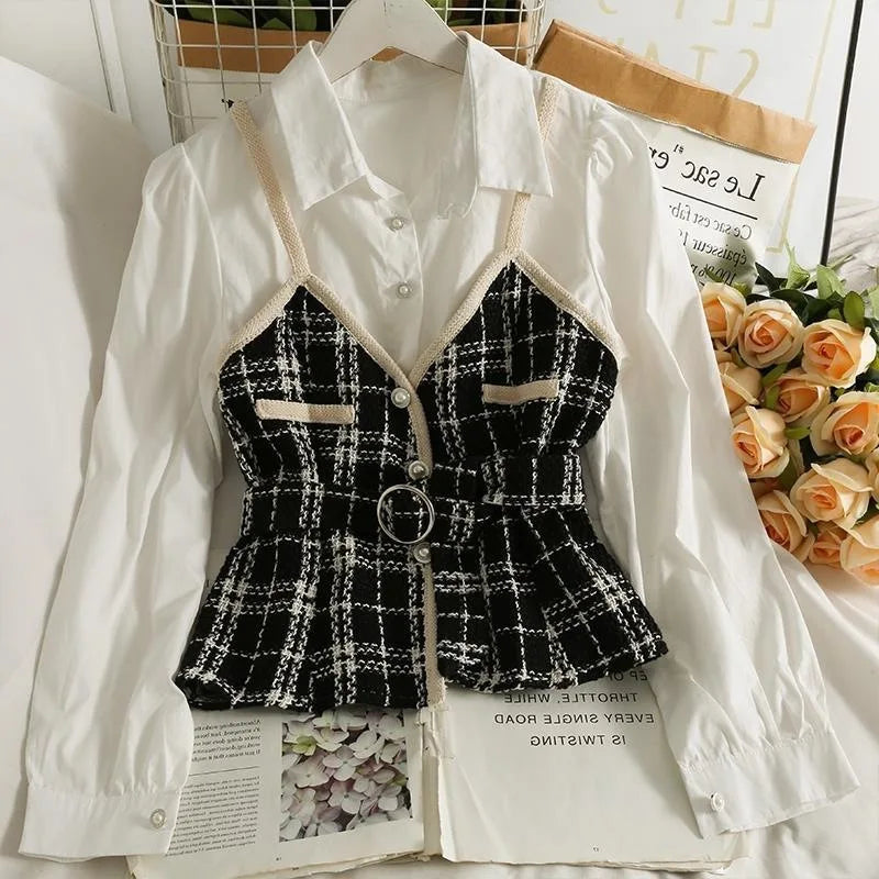 Retro Korean Style Patchwork Wide Stripe Woolen Fabric Fake Two-Piece Long Sleeve Shirt High Waist Belted Slim Fit Polo Collar