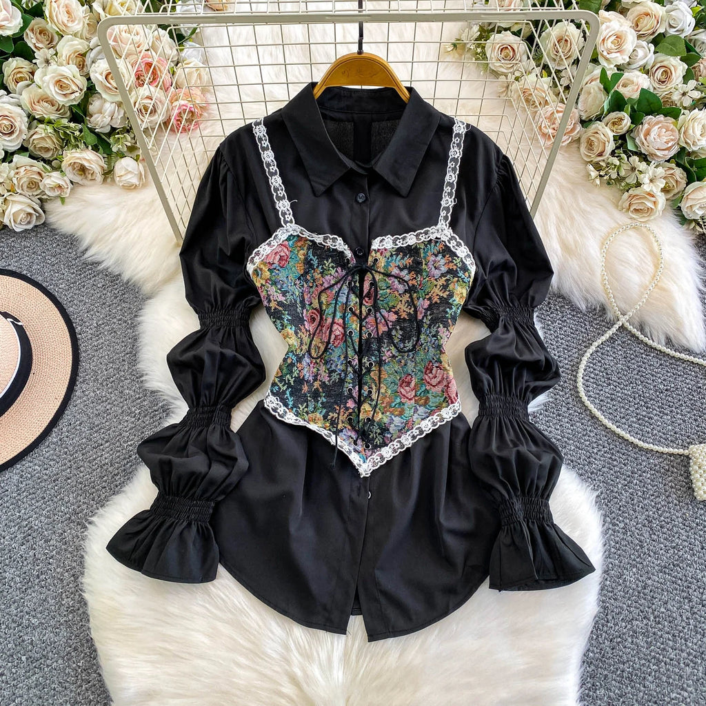 Retro Floral Embroidery Slim Fit Bell Sve Lace Trim irt White Splicing Design Versatile Women's Premium Quali Blouse